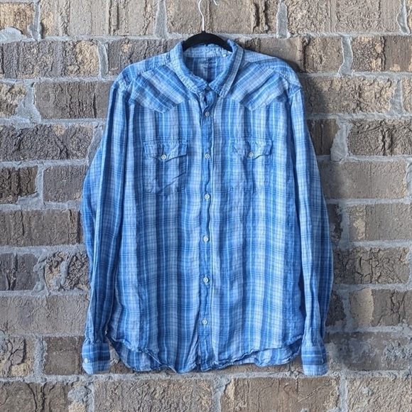 Lucky Brand Baird McNutt Linen Long Sleeve Western Shirt Blue Plaid Size XL - Picture 7 of 7